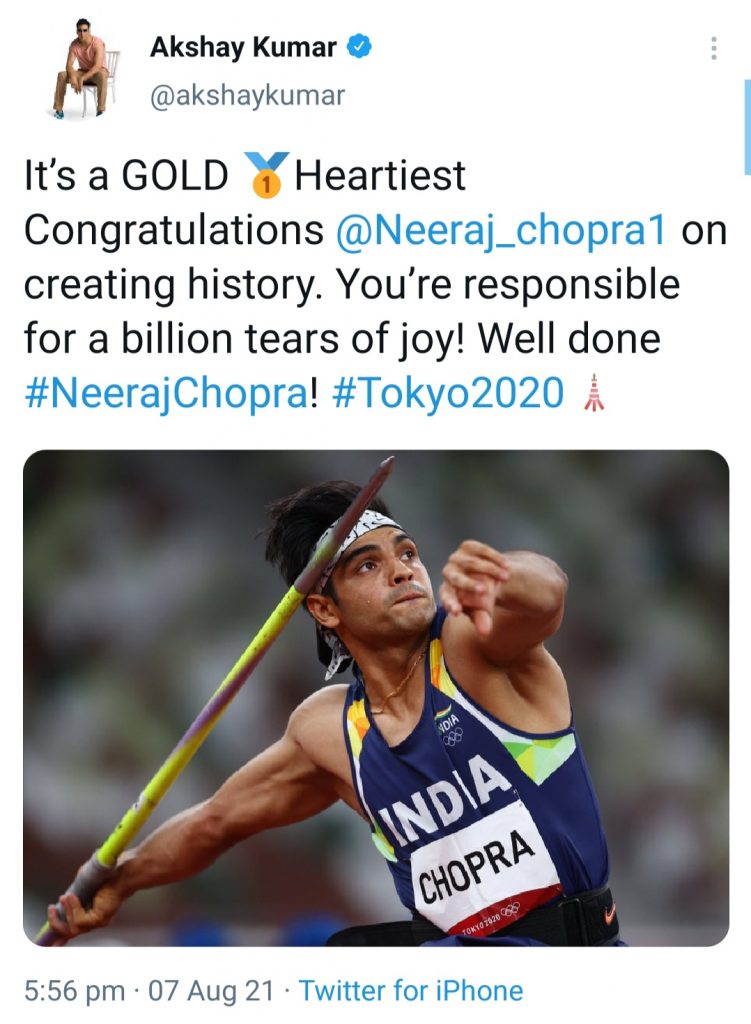 Bollywood celebs lauded Neeraj Chopra historic win at Tokyo Olympics