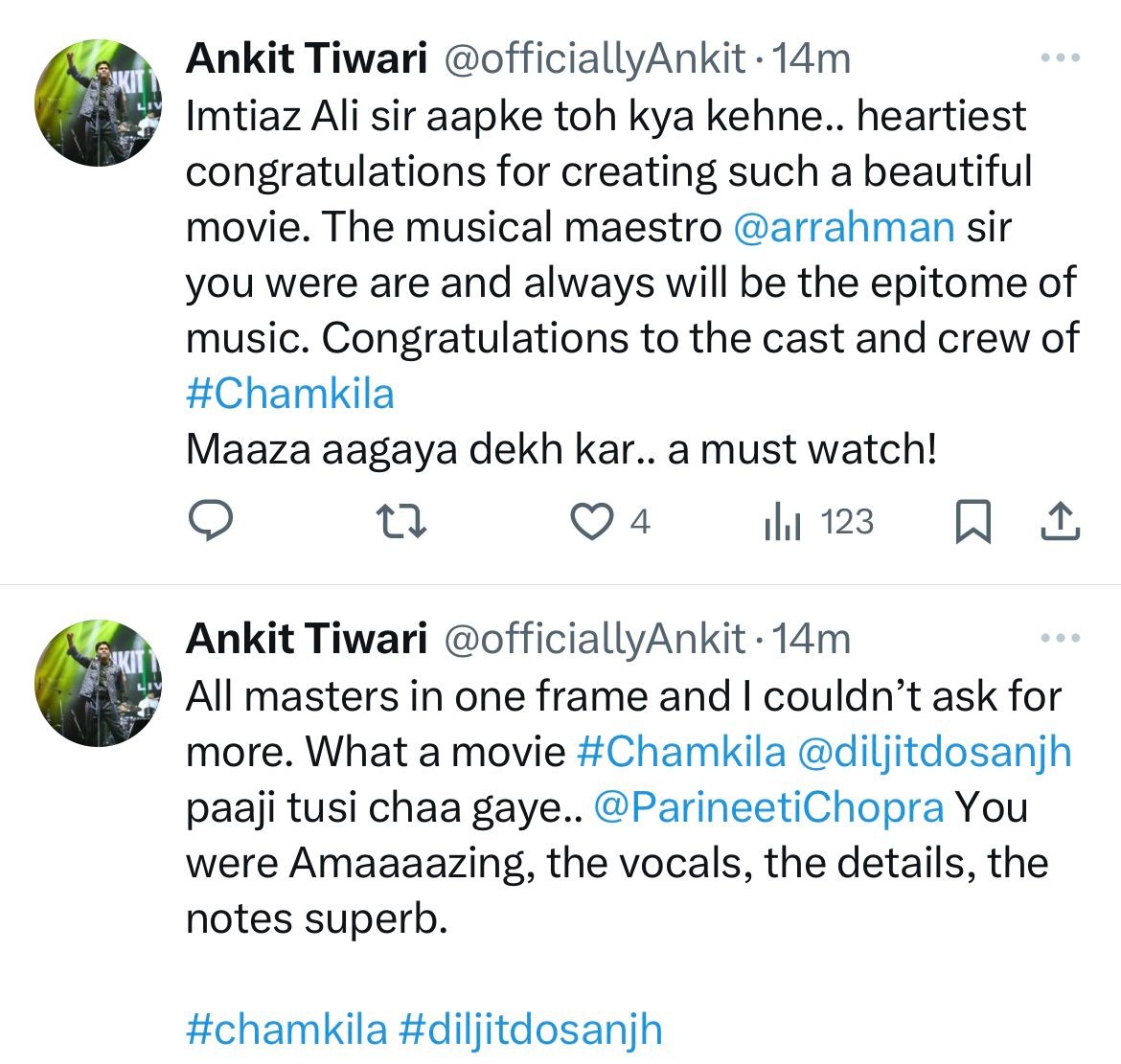 Singer Ankit Tiwari Applauds “Team Chamkila” praises Diljit, Parineeti, Imtiaz Ali and AR Rahman